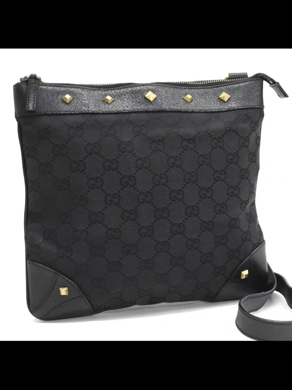 Gucci Black GG Canvas Messenger Bag with Gold Stud Accents